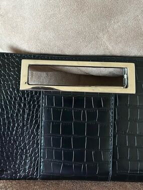 Black Croc-Embossed Clutch with Polished Silver Handle